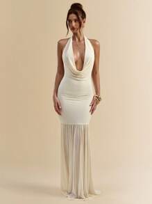 SHEIN BAE 夏季纯色露背米色紧身透视优雅淑女网眼连衣裙，海滩度假网眼长裙，波西米亚风格连衣裙 - 杏色 - 查看 3