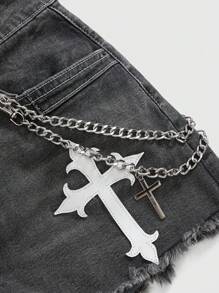 ROMWE Grunge Punk Spring/Summer Graphic Retro Street-Style Washed Gothic Cross Chain Print Women Low Waist Denim Shorts - Black - View 4