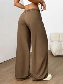 SHEIN EZwear Pantalones anchos de chándal de cintura con cordón, unicolor, casual para mujer. Pantalones cargo para graduación, regreso a la escuela, atuendos de maestro