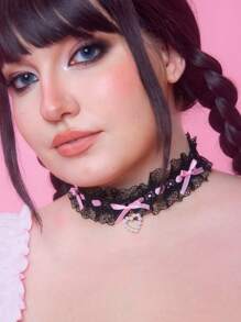 ROMWE Anime 1pc Cute Lace Ruffled Collar Necklace, Lolita Bow Heart Necklace, Contrast Color Unique Design Adjustable Neck Accessory