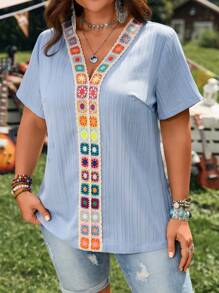 EMERY ROSE Plus Size Women Floral Print V-Neck Short Sleeve Casual Blouse Tunic Top, Casual Holiday Style,Beach,For Summer Holiday,Country Concert,Bohemian,Vacation,Western Wear Women Plus,Top For Women Party - Blue - View 3
