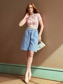 SHEIN EZwear Women's Casual Striped Chain Decorated Denim Shorts, Summer - Blue - View 5