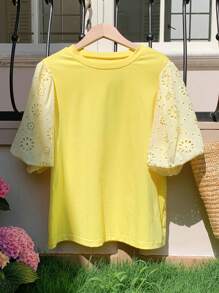 Comfortcana Camiseta de mujer de unicolor con cuello redondo y mangas cortas, simple y de moda, para verano - Amarillo - Ver 1