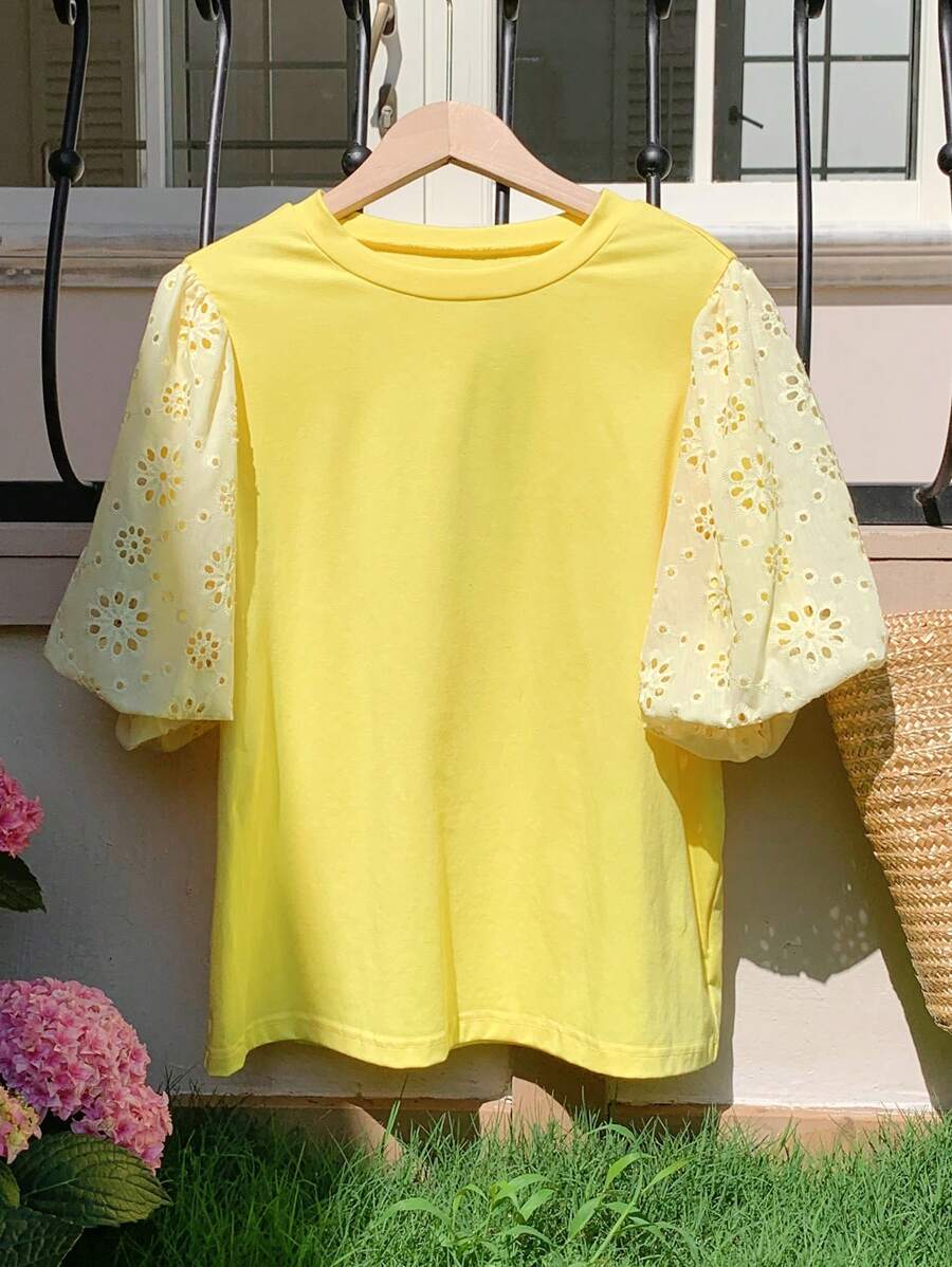 Comfortcana Camiseta de mujer de unicolor con cuello redondo y mangas cortas, simple y de moda, para verano - Amarillo - Ver 1