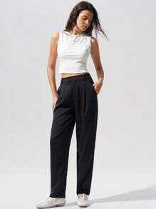 SHEIN BASICS Women's Plain Woven Casual Pocketed Versatile Long Pants - Dark Grey - View 5
