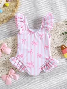 可爱新生儿/婴儿女宝宝荷叶边蝴蝶和条纹印花连体泳衣 - 彩色 - 查看 4