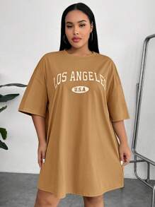 SHEIN EZwear Plus Letter Graphic Drop Shoulder Tee Dress Plus Size T Shirt Girlsy2k Plus Size Clothesoversized T Shirt Women,Summer Dresses For Women,Dresses Casual Oversized T-Shirt Dress - Khaki - View 9