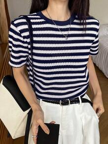 Dazy-Less 女士休闲商务短袖T恤，拼色格子图案，适合办公室穿着 - 藏蓝色 - 查看 2