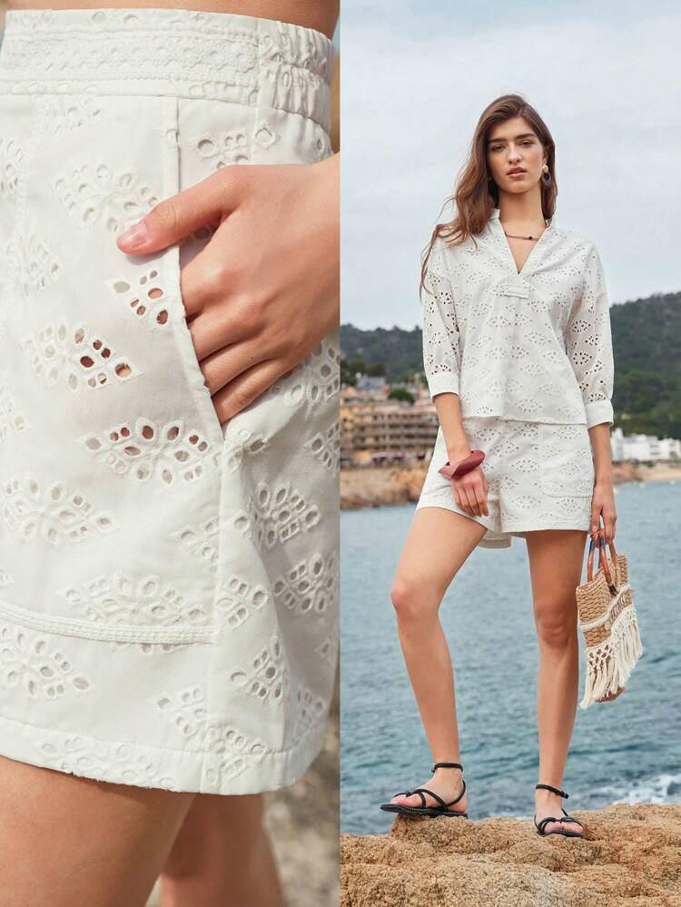 EYELET EMBROIDERY SLANT POCKET SHORTS