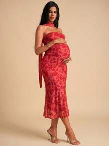 MaterniChic Maternity  Dress Maternity Elegant All-Over Floral Print Dress For Summer FLORAL - Red - View 4