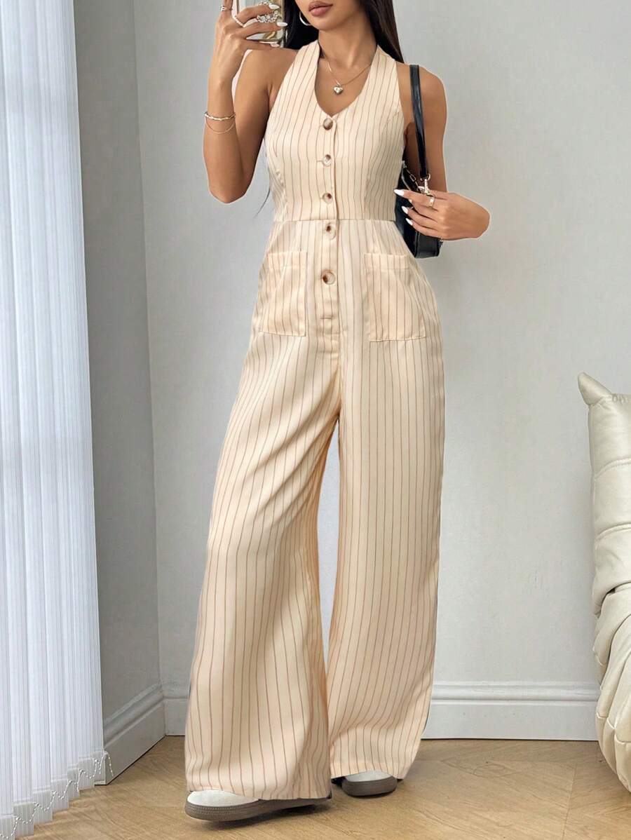Flirla Women Stripe Pattern Halter Jumpsuit - Apricot - View 1