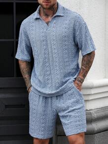 Manfinity Homme Men's Textured Knit Polo Shirt And Shorts Set Men Two Piece Casual Short Sets Mens Baby Blue Short Set Crochet Mens Short Set