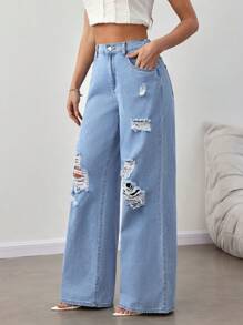 SHEIN Tall Jeans azules de pierna ancha y suelta con rasgados para mujer