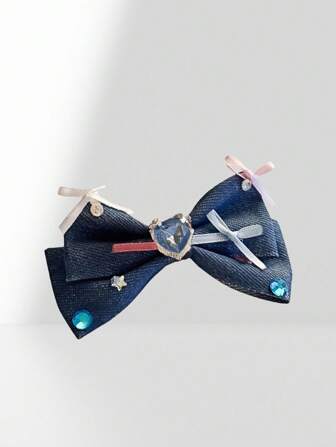 Anime 1 Coppia di Mollette per Capelli Premium con Fiocco, Cuore e Cristallo, Bianco e Blu, Stile Minimalista Chic e Dolce, Versatili, Adatte per Tutte le Stagioni