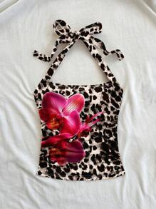 Soleia Áo hai dây dệt kim bó sát họa tiết da báo và hoa cho kỳ nghỉ của phụ nữ, phù hợp cho mùa hè - Nhiều màu - Xem 3