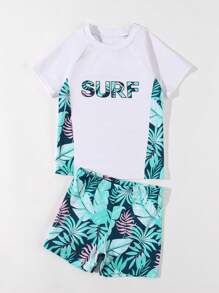 Boys Swimming Trunks Set - Print Rash Guard Shirt & Random Print Brief - Multicolor - View 7