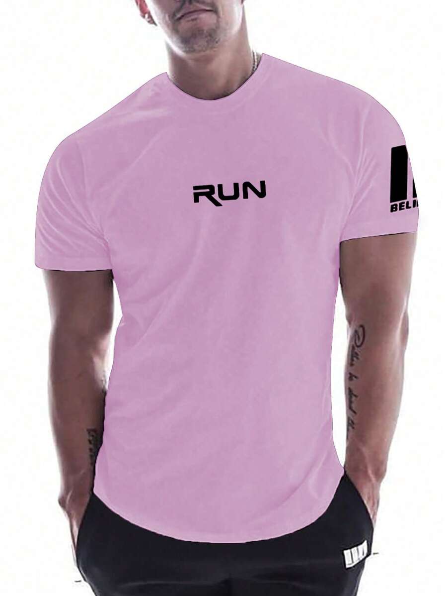 Manfinity Sport Corelite Camiseta deportiva de manga corta con cuello redondo y estampado de letras para hombre, de verano
