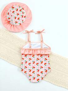 新生儿泳衣新生儿夏季粉色樱桃泳衣新款时尚无肩带涤纶数码印花可爱连体泳衣适合海滩、大海、泳池 - 彩色 - 查看 2