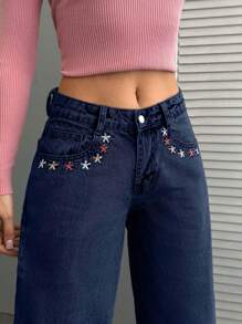 SHEIN Cottnline WOMEN WIDE LEG LOW WAIST CROSS EMBROIDERY JEANS - Dark Wash - View 4