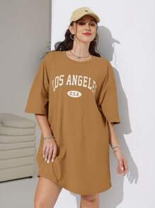 SHEIN EZwear Plus Letter Graphic Drop Shoulder Tee Dress Plus Size T Shirt Girlsy2k Plus Size Clothesoversized T Shirt Women,Summer Dresses For Women,Dresses Casual Oversized T-Shirt Dress - Khaki - View 2