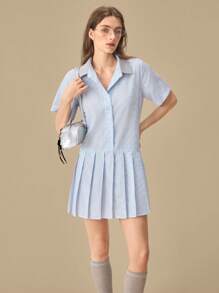 Muvela 女式蓝白条纹休闲衬衫裙，迷你长款，褶边，夏季连衣裙