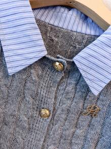 Regalyn Plus Size Sweater Blouse Collar Turn-Up Cuff Button Front Cardigan Knit Splicing 2 In 1 Set Fall Winter Cloth For Women Autumn