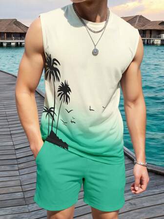 Manfinity Chillmode Men's Ombre Crew Neck Tank Top & Solid Color Pocket Shorts Set Men 2 Piece Summer Set Vacation Outfit Beach, Cozy Outfits