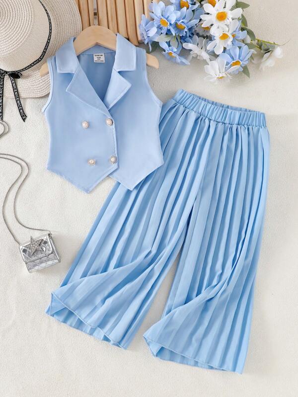 SHEIN 2pcs/Set Elegant Girl (Small) Sophisticated Blue Sleeveless Blazer Vest & Pleated Wide Leg Pants Suit Set, Chic Office Wear Autumn And Winter Girls Pleated Skirt Suit Girls Blue Set Baby Blue Set Light Blue Girls Outfit Girls Blue Clothes