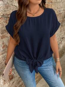 SHEIN LUNE Blusa de verano de unicolor con nudo delantero, talla grande, estilo casual de vacaciones, color azul marino - Azul Marino - Ver 4