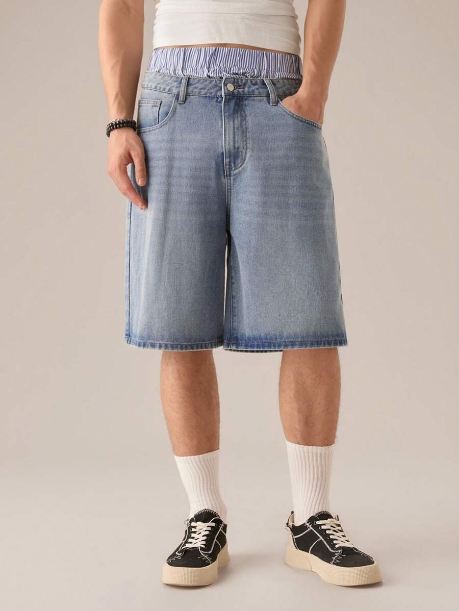 SWAVVY 男士休闲宽松梭织短裤，双腰带，直筒常规款 - 淺藍色 - 查看 1