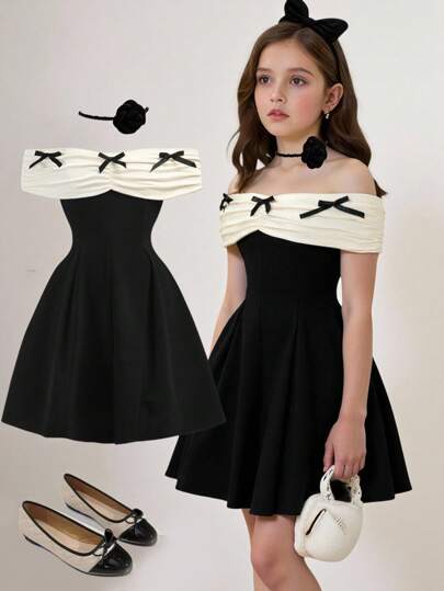 Girlism Vestido mini con hombros descubiertos, moño contrastante y diseño de empalme para niña preadolescente, color negro, apropiado para regresar a clases, otoño, bailes de bienvenida, uso casual para citas, fiestas, bodas, damas de honor y eventos de baile