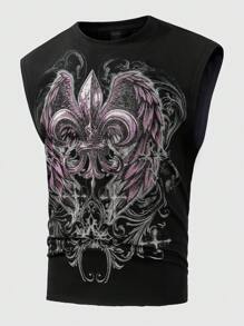 ROMWE MEN Street Life Men's Gothic Element Retro Cross Star Wings Print Theme Tank Top,