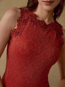 MOTF PREMIUM APPLIQUES A-LINE SLIM FIT DRESS - Redwood - View 7