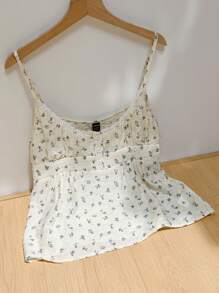 Comfortcana 全新海军蓝碎花女士假日风格纽扣前开式吊带背心，背面有褶皱，清新透气舒适，适合夏季