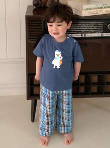 Hapijoa Baby Boy Cartoon Print Casual Crew Neck Tee And Plaid Woven Casual Pants Home Outfit - Blue - View 5