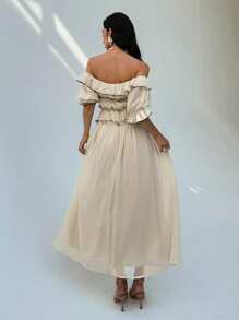 Aloruh Women's Romantic Off Shoulder Ruffle Hem Extra Long Dress - Apricot - View 2