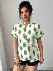 Elenzga 女士时尚优雅休闲/通勤/度假 V 领短袖宽松印花衬衫（随机印花）