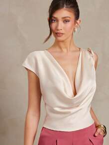 L'Amorae 缎面女士无袖宽松不对称翻领优雅休闲办公室衬衫，香槟色，春夏