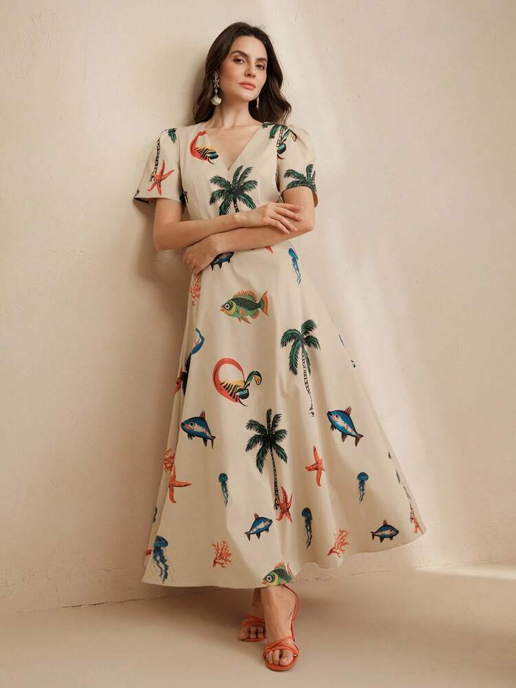 Women's V-Neck Cinched-Waist Maxi Vacation Dress With Elegant Floral Print, Summer