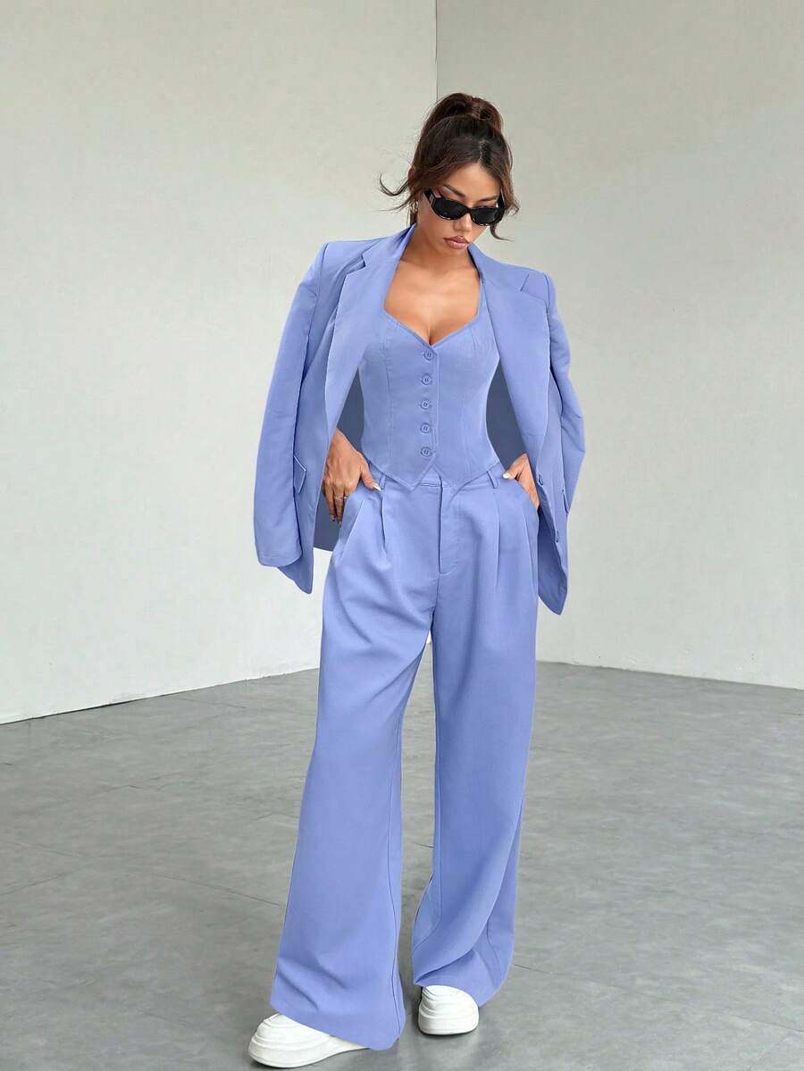 SHEIN EZwear 夏季休闲蓝色女式三件套西装:长袖西装外套 + 马甲 + 口袋裤 - 藍色 - 查看 1