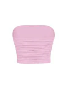 SHEIN Tween Girl Simple Comfortable Ruched Elastic Fitted Strapless Tube Top, Bandeau Pink Top Fall Winter - Coral Pink - View 2