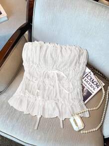 Franclia Layered Lace Trim Bow Decor Halter Crop Top