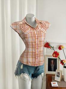 SHEIN Unity 女式复古彩色条纹翻领纽扣修身休闲衬衫