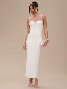 SHEIN BAE 女式纯色前系带修身优雅细肩带连衣裙，夏季 - 白色 - 查看 3