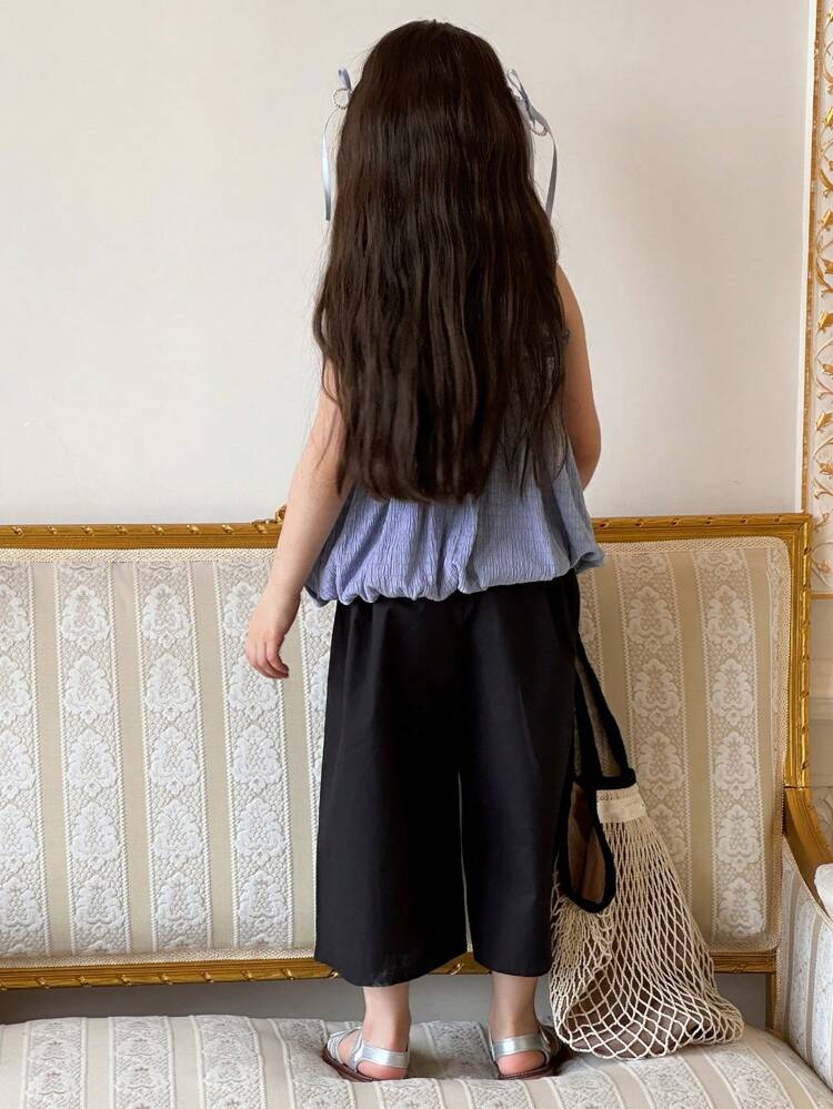 2pcs Young Girls Ruffle Strap Blouse And Wide Leg Pants Suit,Girls Summer Outfits