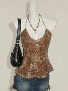 SHEIN ICON Y2k 颈部闪光棕色吊带西部复古波西米亚乡村音乐会派对娃娃装飘逸亮片吊带露背性感吊带背心夏季 - 棕色 - 查看 2