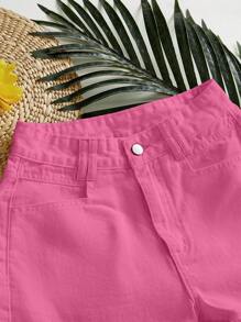 SHEIN Essnce Celana Pendek Denim Wanita Warna Pink Polos, Modis untuk Musim Panas - Hot Pink - View 3