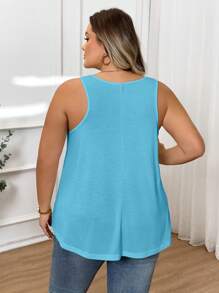 SHEIN CURVE+ Plus Size Sleeveless Casual Solid Color Blue Tank Top For Summer/Country/Beach Vacation - Blue - View 2