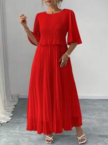 Elenzga Đầm xếp ly bằng chiffon màu trơn thanh lịch dành cho nữ cỡ lớn, đầm thường ngày mùa xuân/hè, đầm dự tiệc sinh nhật cho nữ, trang phục cỡ lớn cho nữ, trang phục trang trọng. - Đỏ - Xem 5