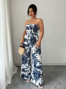 Elenzga 女式印花抹胸连体衣，收腰阔腿，优雅度假、工作、日常穿着